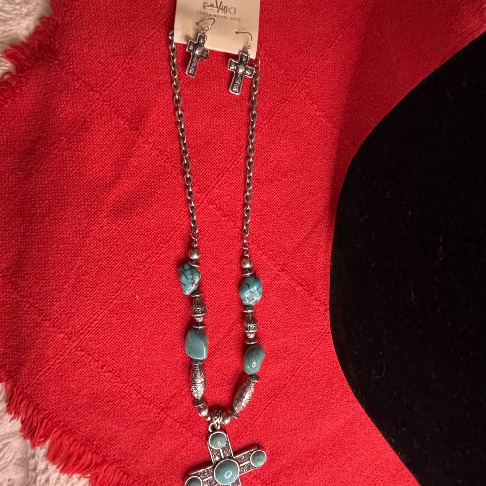 Dfl VIMCI Turquoise, Silver Tone, C.Z. Diamonds Cross Necklace, Earring Set - Picture 13 of 16